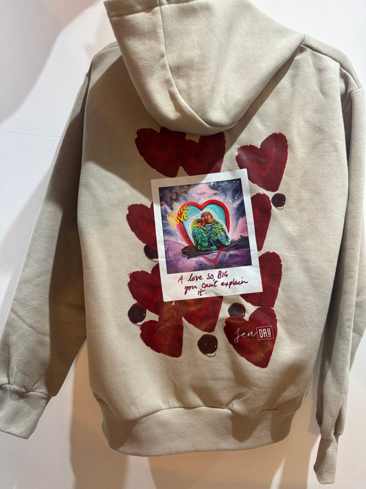 "A love so big you can't explain it" Taupe oversized hoodie.